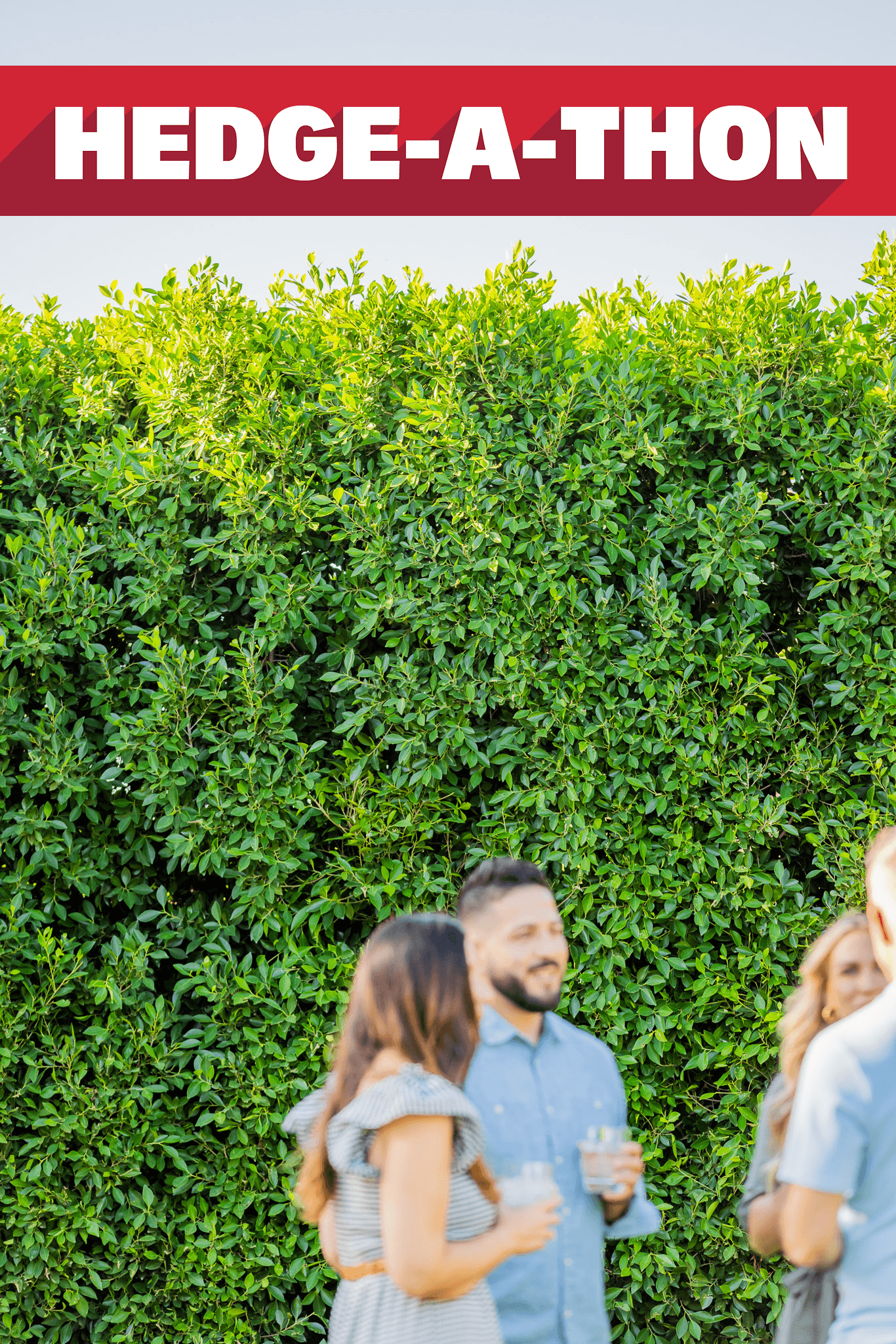 A group of people socializing in front of a beautiful privacy hedge.