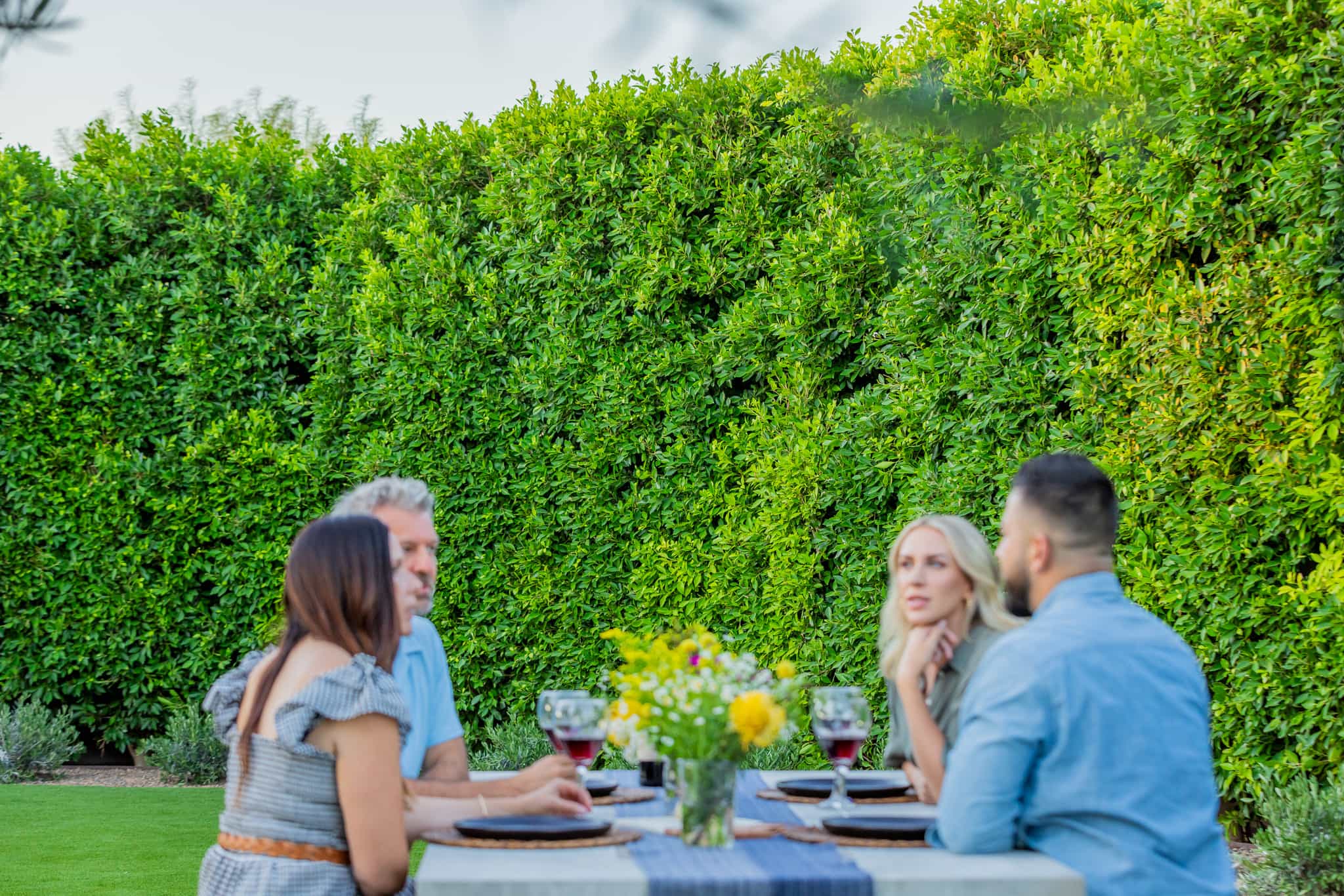 A group of people socializing in front of a giant beautiful privacy hedge.