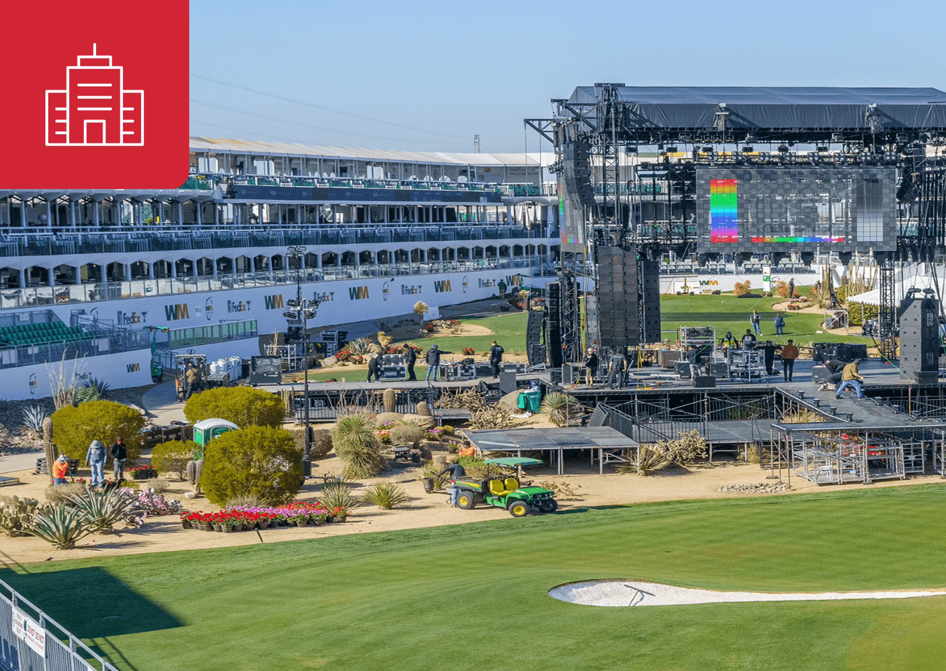A shot of the Moon Valley Nurseries team prepping a rental landscape for the Waste Management Open.
