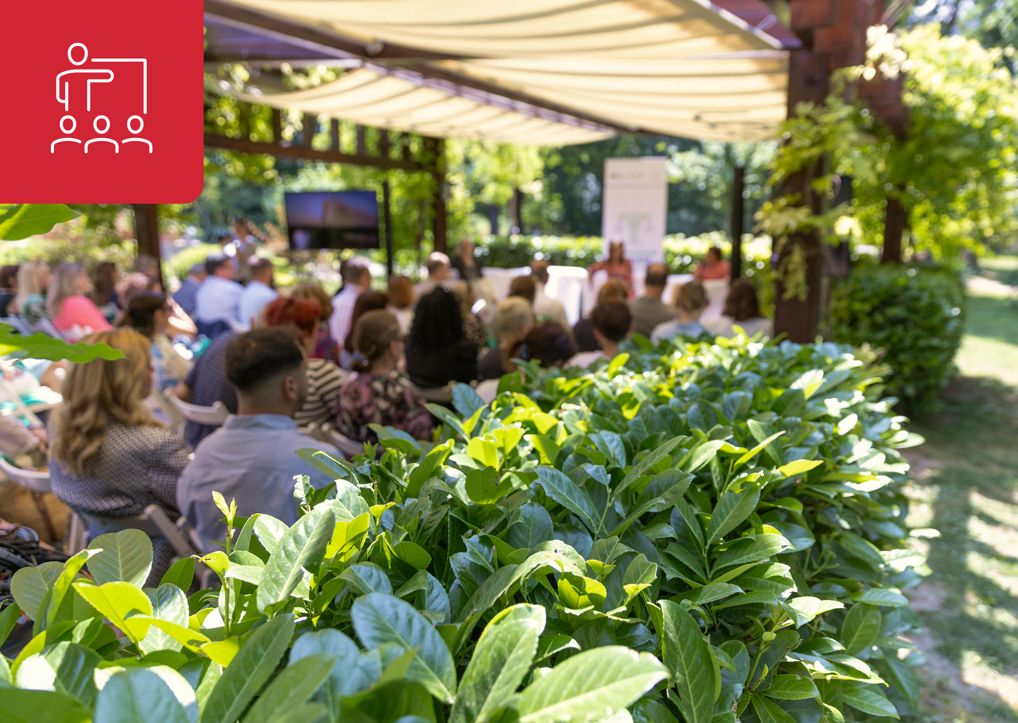 An outdoor corporate venue with rental hedges that create a private and serene space for focused presentations.