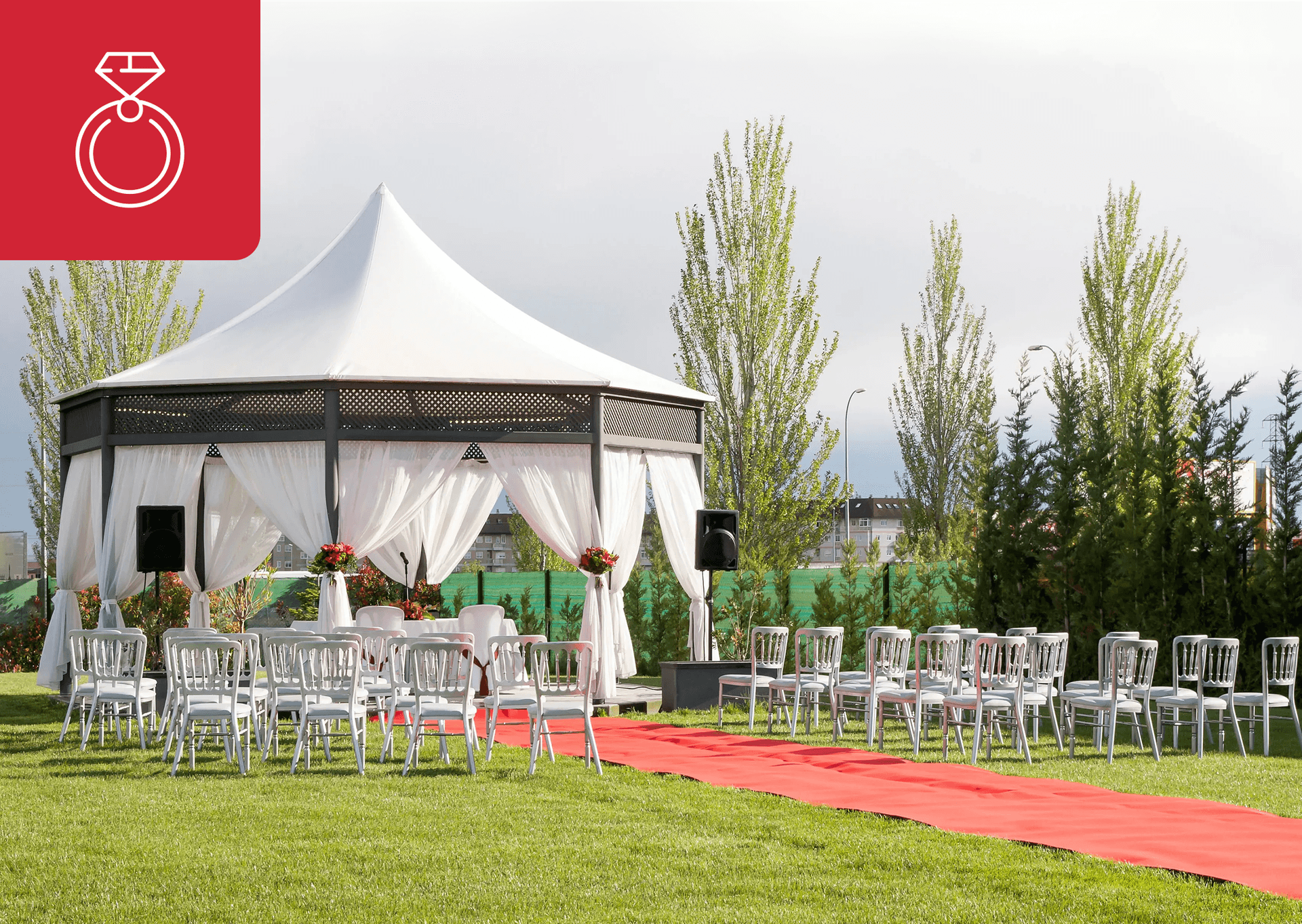 A beautiful wedding venue with mature rental trees that create a private space and add a scenic back drop.